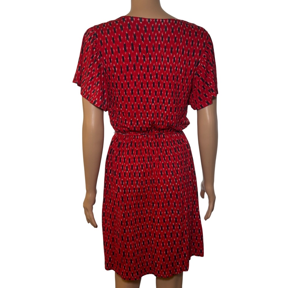 LOFT Red Ikat Print Flutter Sleeve V Neck Tie Waist‎ Dress Women's Size S - Picture 4 of 7